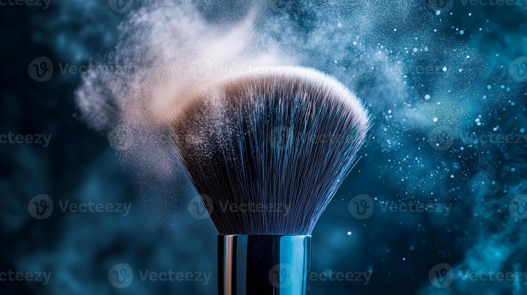 Beauty cosmetic brush with powder explosion on a dark background. 1 photo