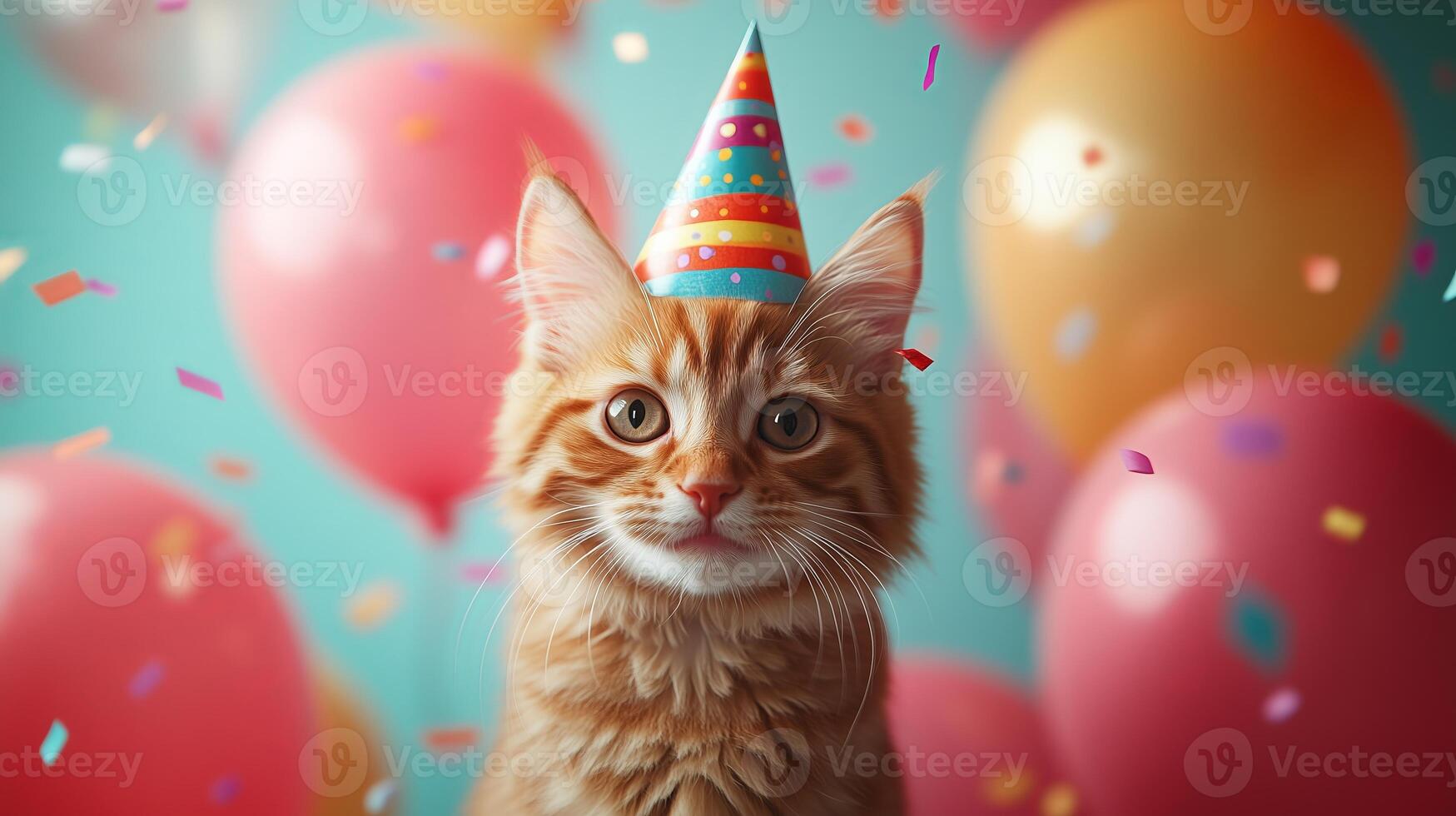 Happy cat wearing a colorful party hat surrounded by balloons and confetti. photo