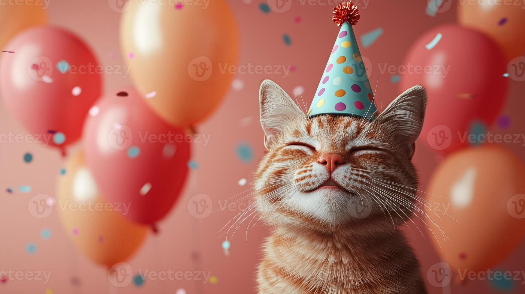 Happy cat wearing a colorful party hat surrounded by balloons and confetti. 4 photo