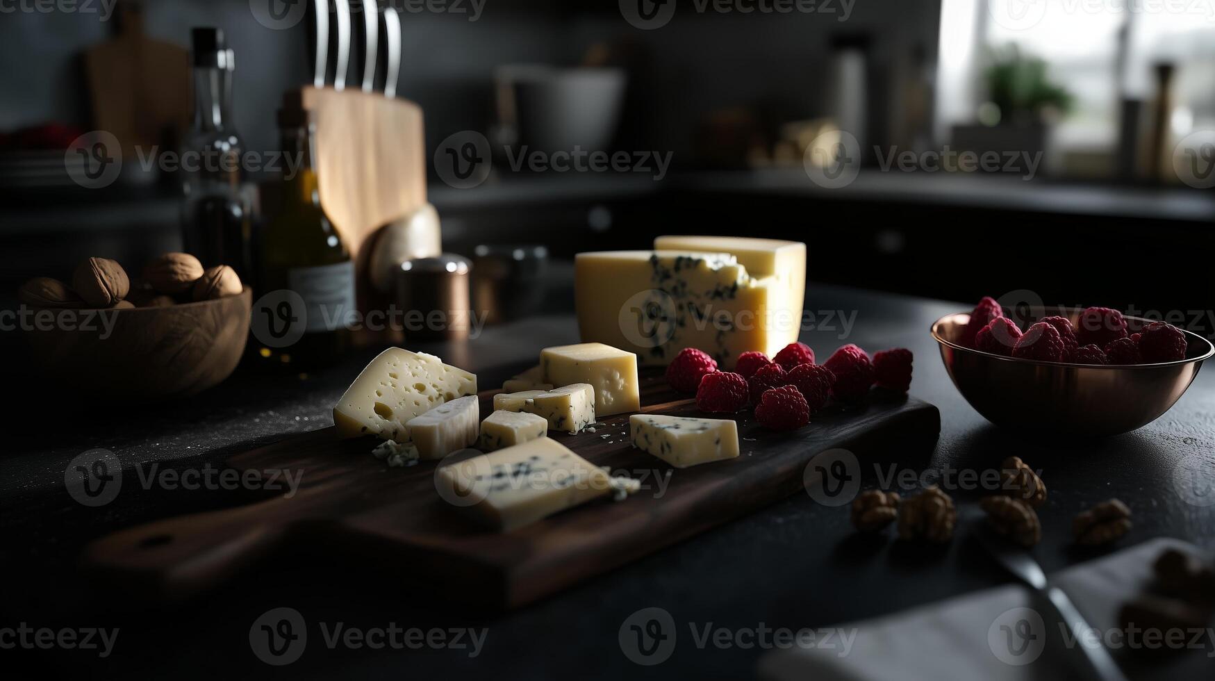 A kitchen with a board of different cheeses cut into small squares and triangles. 2 photo