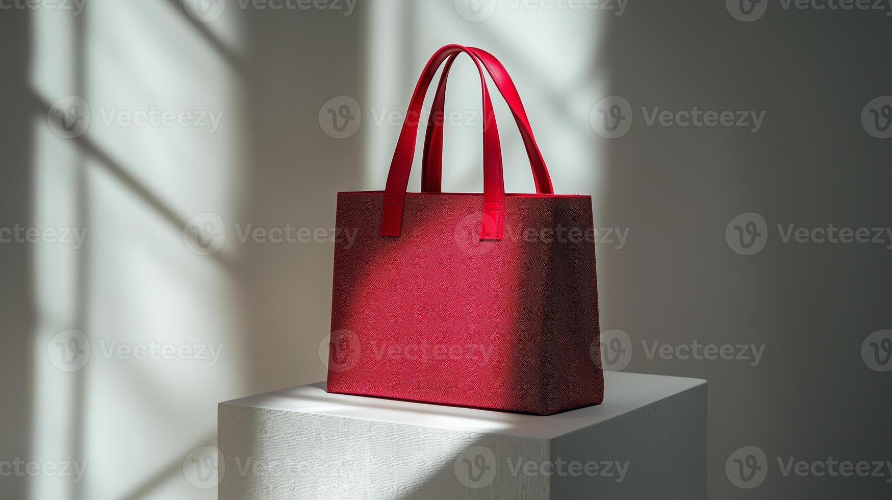 A red reusable cotton shopping bag with red handles sits on a white plinth in a white studio space. 6 photo