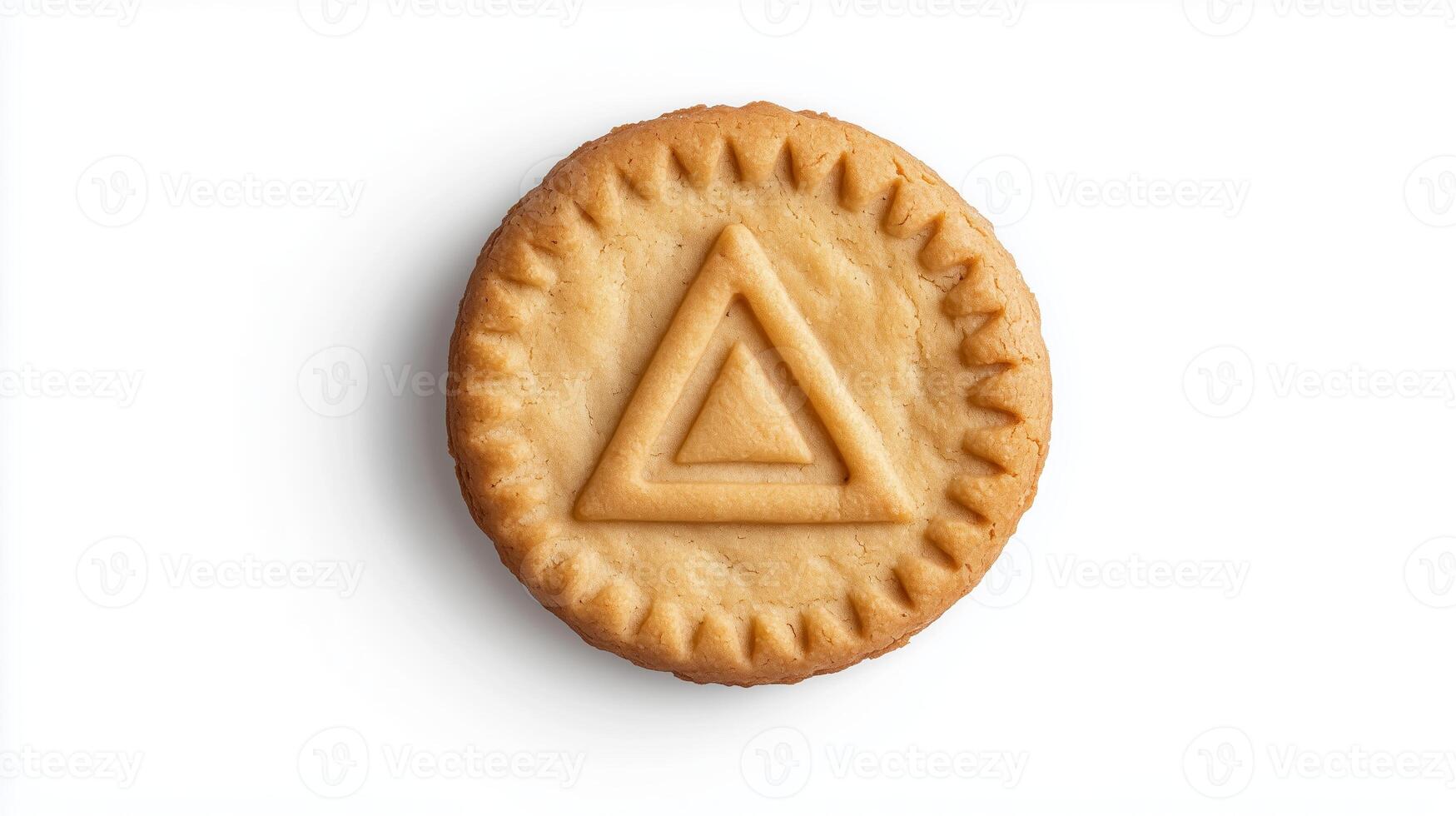 Circular cookie with the triangle simple icon on it, isolated on solid white background. 14 photo