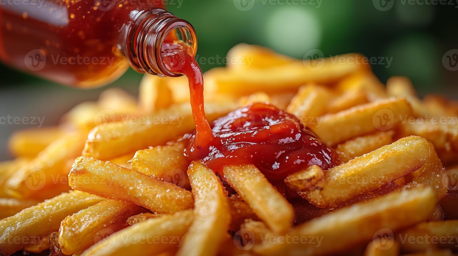 Crispy golden French fries with rich red ketchup drizzles from a glass bottle. 2 photo