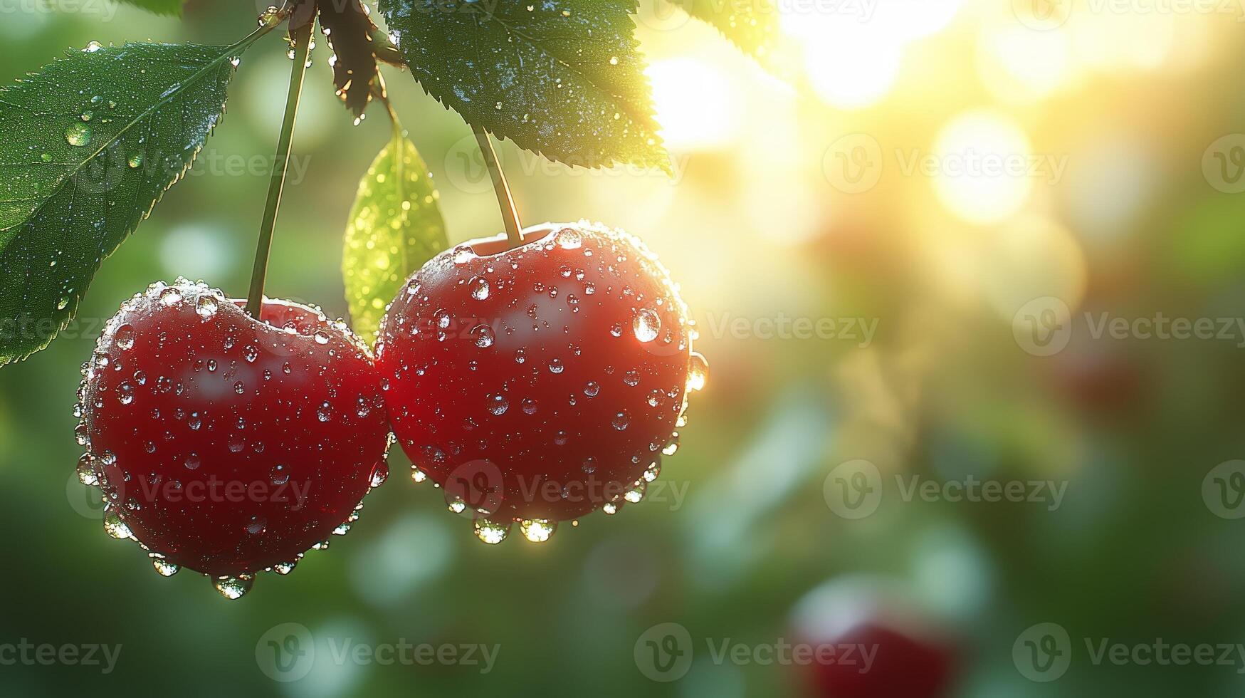 A natural background with sun rays shining on two juicy red cherries hanging from the branches. 12 photo