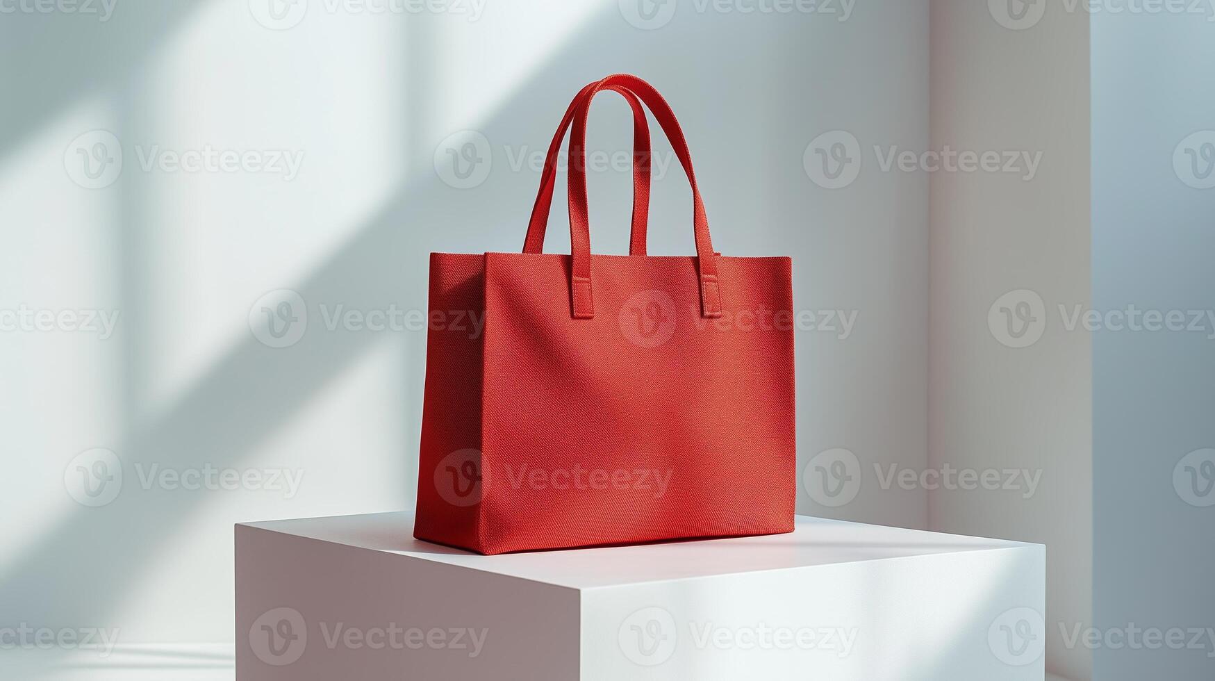A red reusable cotton shopping bag with red handles sits on a white plinth in a white studio space. 4 photo