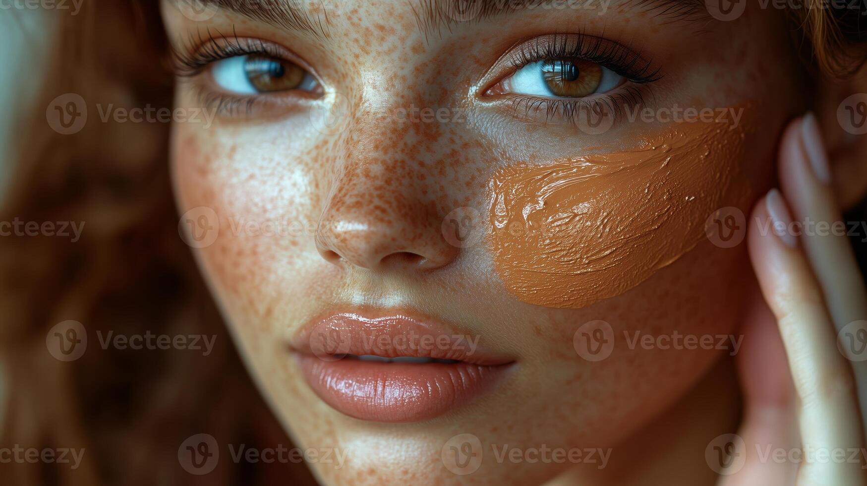 The model's face with liquid foundation to her cheek, with visible color swatches on her skin. 6 photo