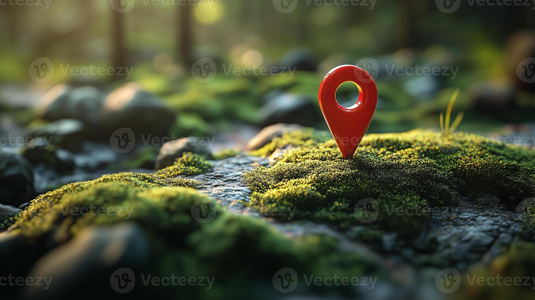 3D red location pin icon on the map, on top of mossy ground. 2 photo