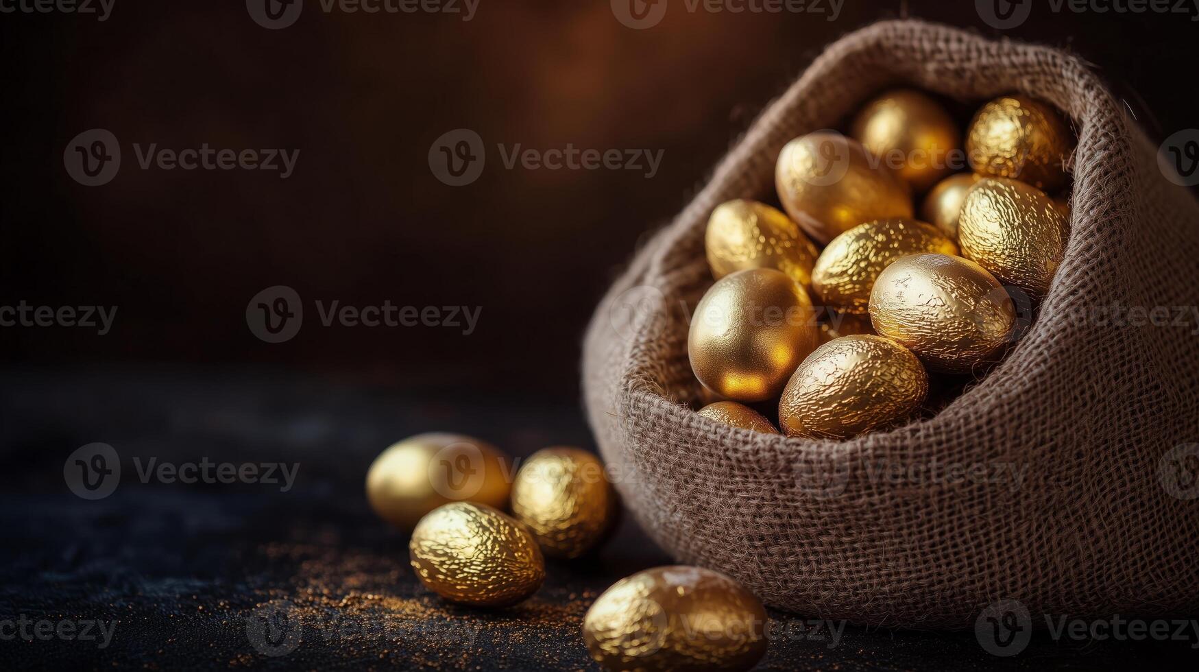 A burlap sack filled with golden chocolate eggs. 7 photo