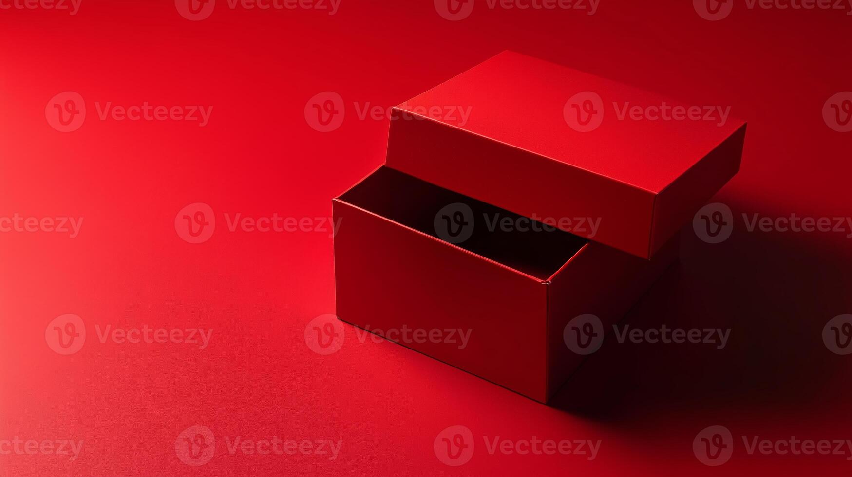 Empty red present carton box with lid opened, isolated on red background. 5 photo