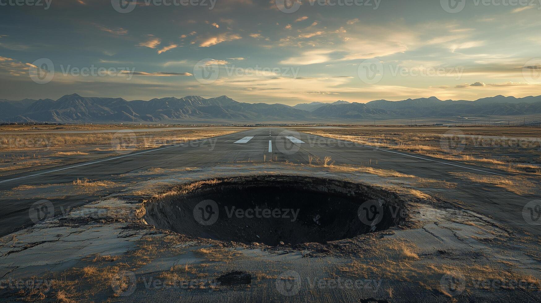 Very large, circular, dark, empty, bottomless sinkhole in the middle of an airfield strip. 9 photo