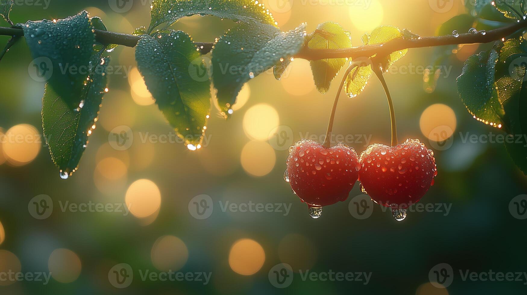 A natural background with sun rays shining on two juicy red cherries hanging from the branches. 11 photo