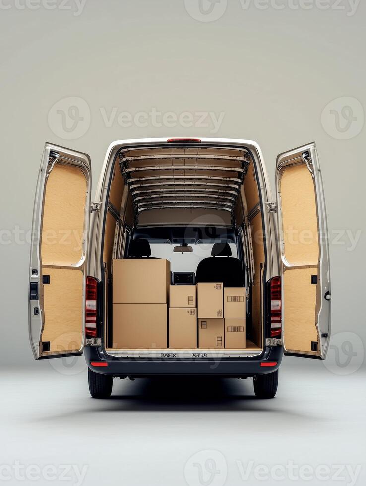 Modern delivery van with open doors, and cardboard boxes inside, isolated on a light background. 4 photo