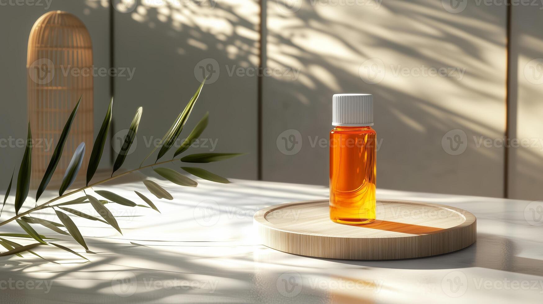 A cylindrical, small orange essential oil bottle with a single bamboo leaf. 14 photo