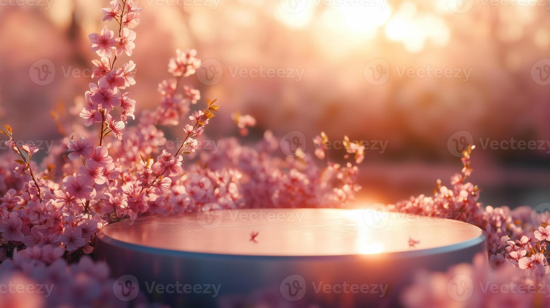 A round podium with pink sakura flowers on it, a blurred background with blooming cherry. 12 photo