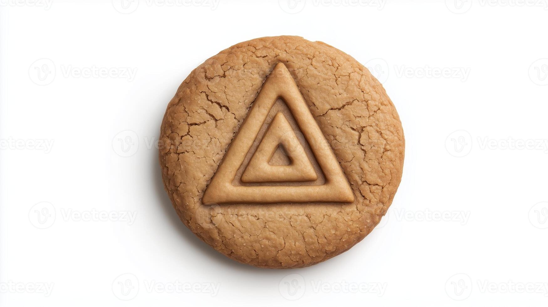 Circular cookie with the triangle simple icon on it, isolated on solid white background. 13 photo