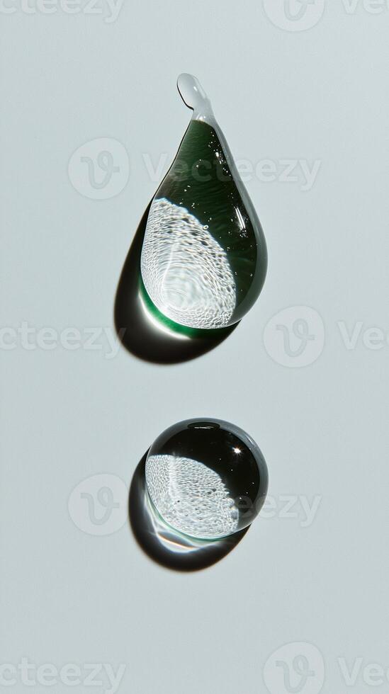 Different sizes and shapes of transparent droplets, symbolizing the diversity in beauty products. 3 photo