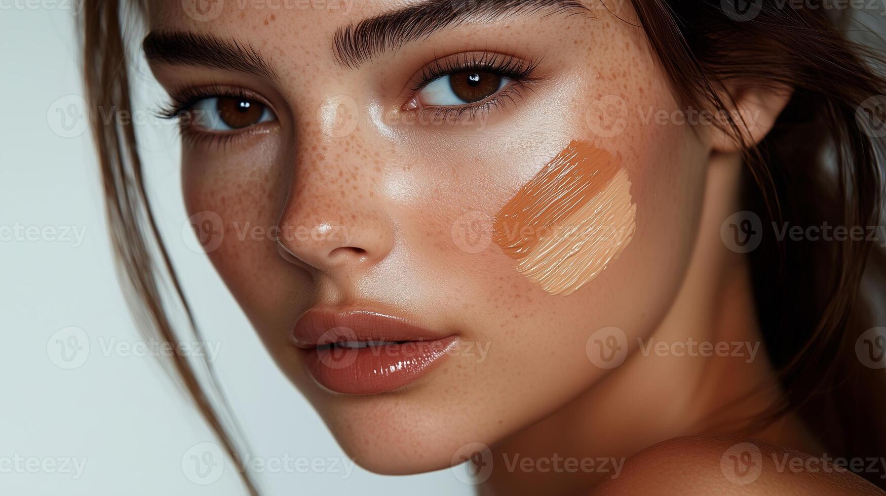 The model's face with liquid foundation to her cheek, with visible color swatches on her skin. 4 photo