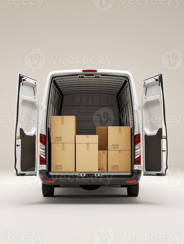 Modern delivery van with open doors, and cardboard boxes inside, isolated on a light background. 5 photo