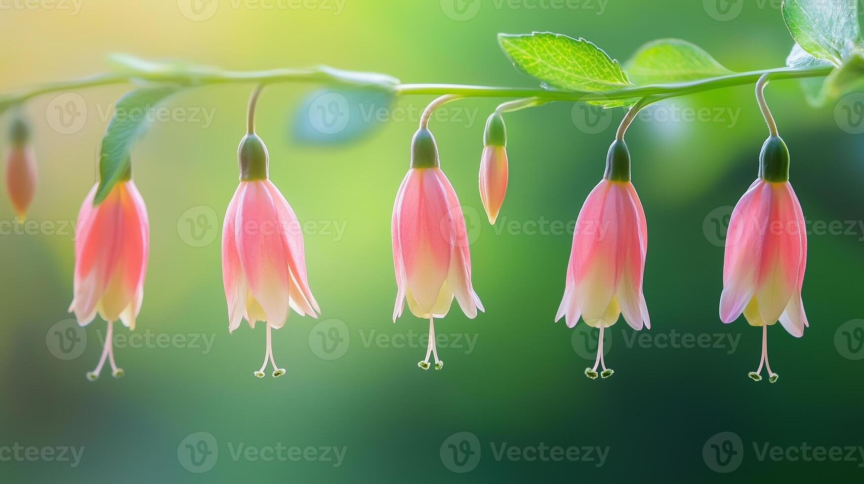 Small flowers gracefully hanging down in the center of the frame on a green background. 5 photo