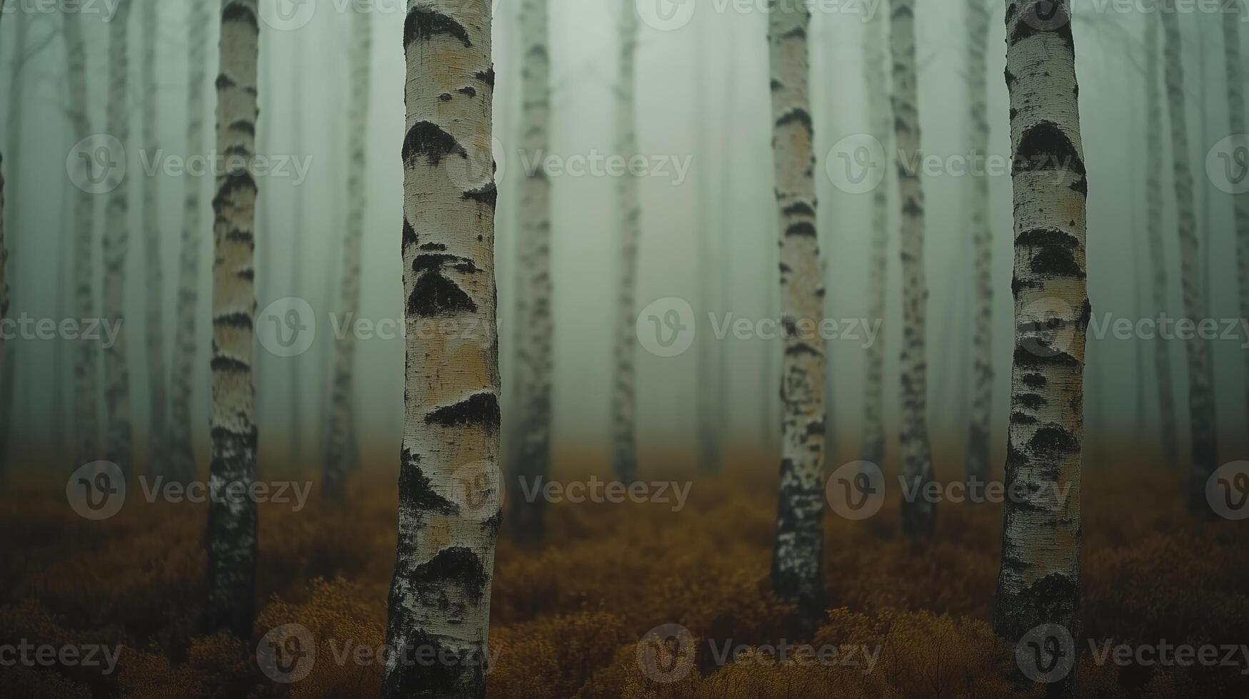 Birch forest in early spring, close-up shot focusing on the repetition of tree trunks as a pattern. 1 photo