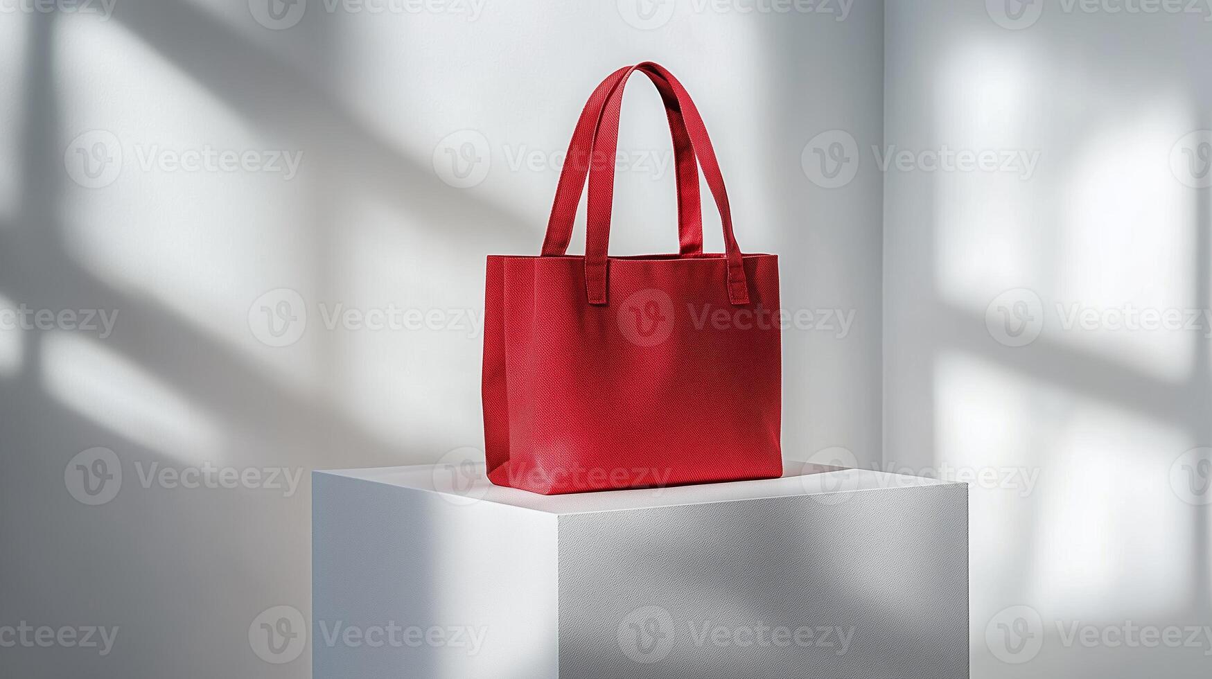 A red reusable cotton shopping bag with red handles sits on a white plinth in a white studio space. 5 photo
