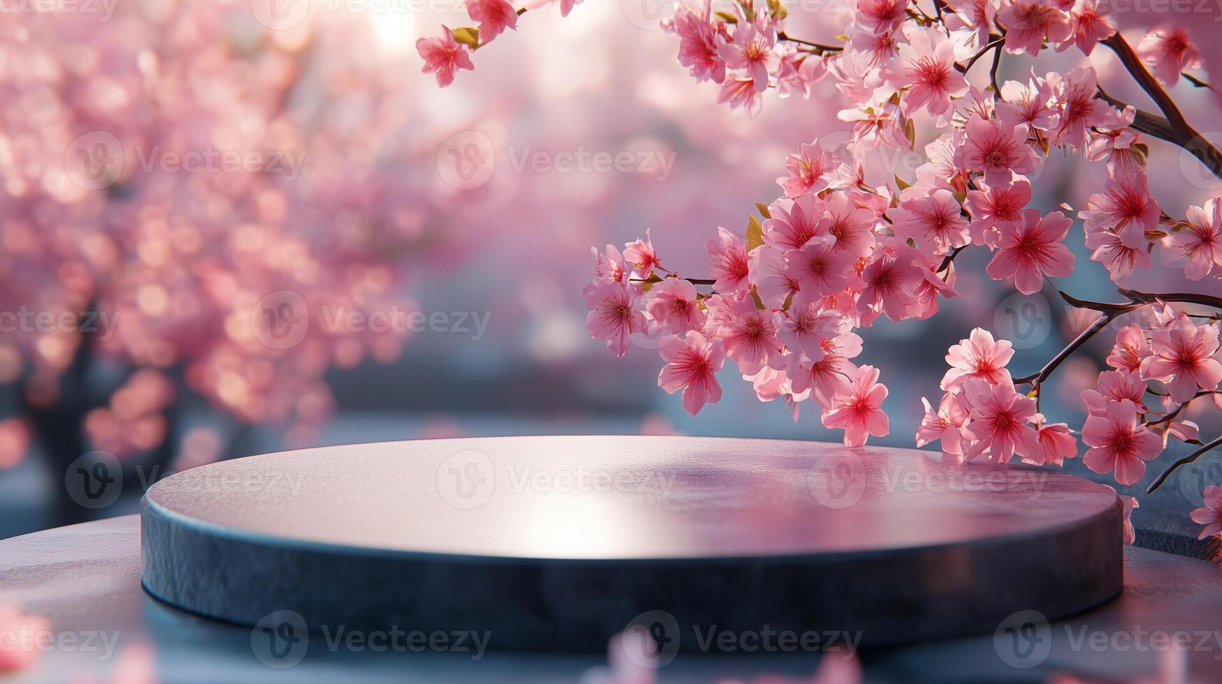 A round podium with pink sakura flowers on it, a blurred background with blooming cherry. 13 photo