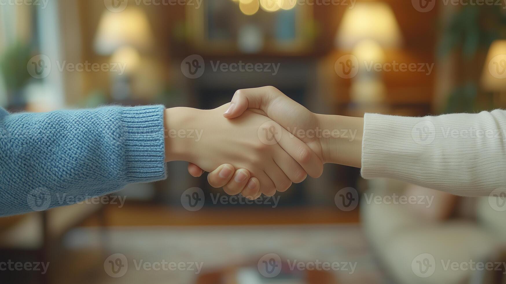 Close-up of two people shaking hands, with a living room background. 3 photo