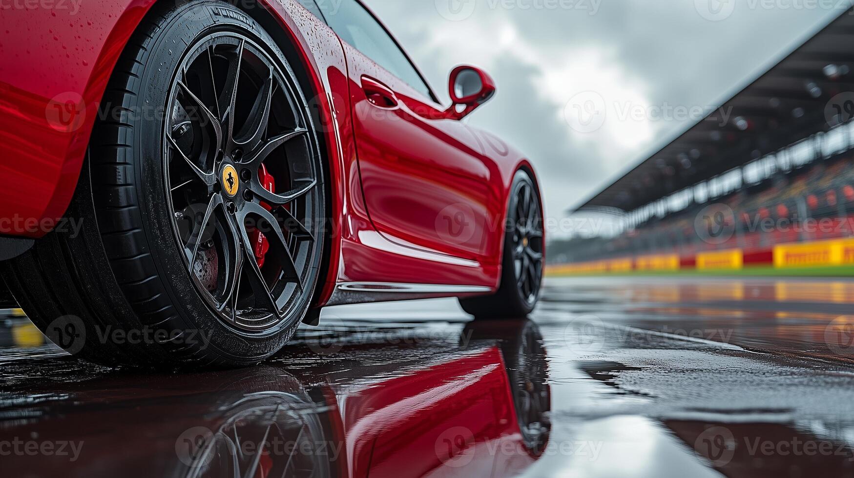 A red car is on the wet asphalt in front of an overcast sky and raindrops falling from above. 4 photo