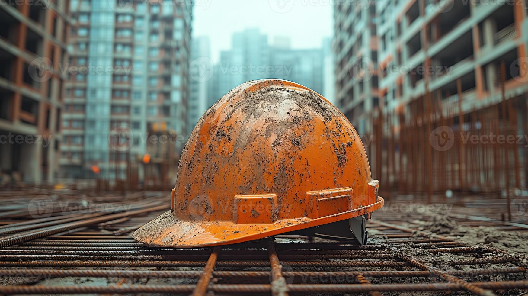 A rugged orange construction helmet rests on top of a building material. 3 photo