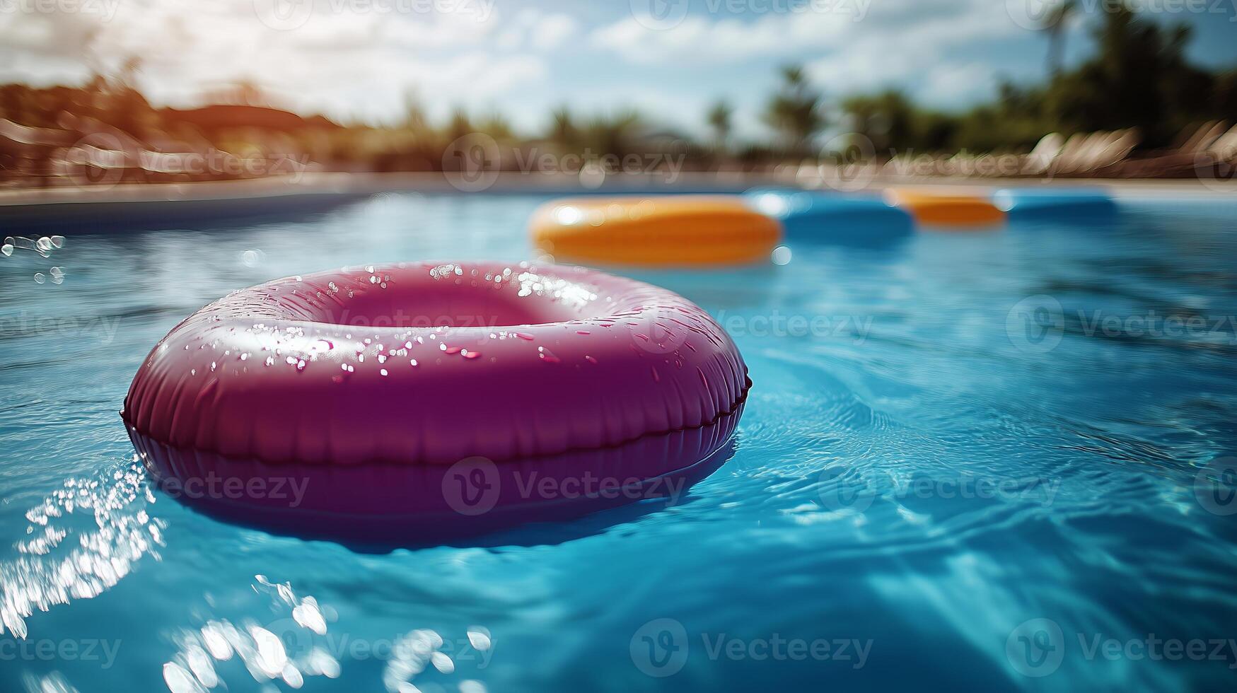Inflatable swimming rings floating on the water surface of an outdoor pool. 3 photo