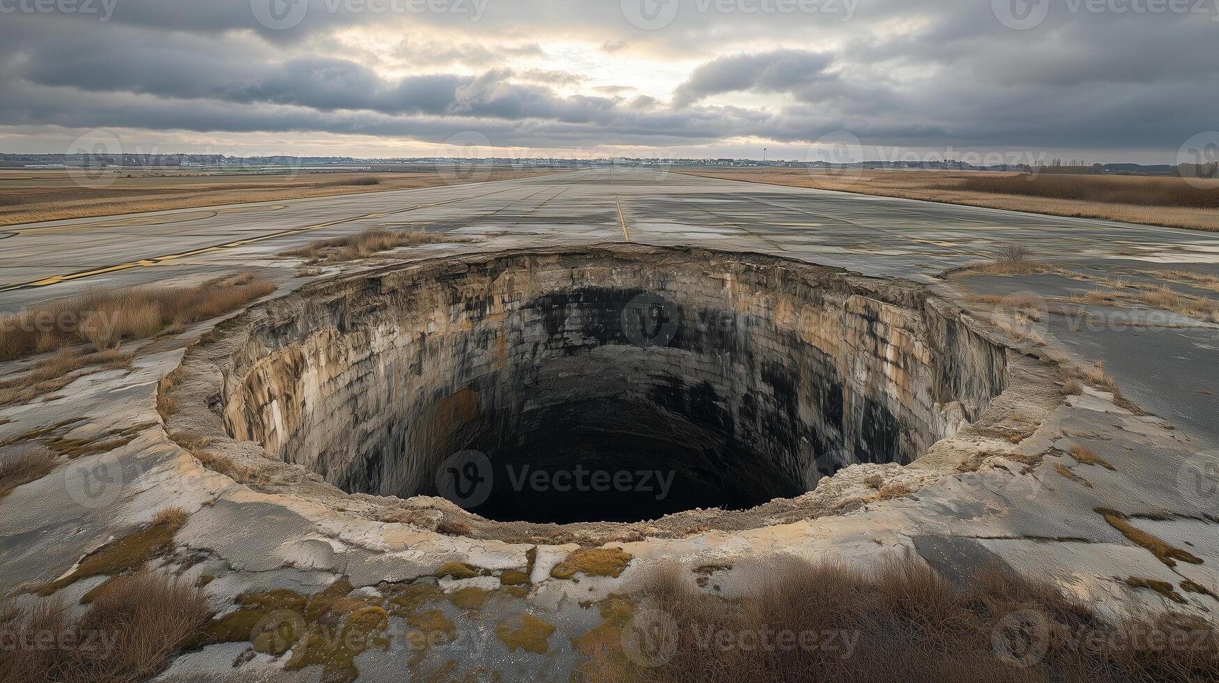 Very large, circular, dark, empty, bottomless sinkhole in the middle of an airfield strip. 11 photo