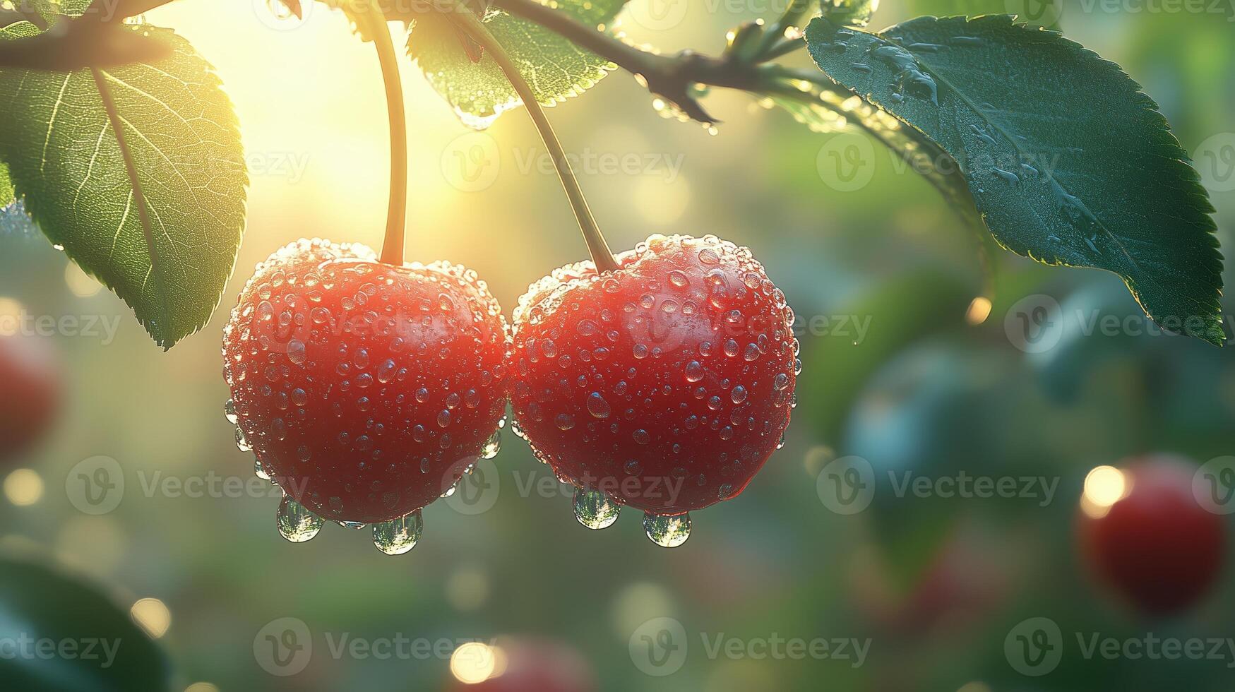 A natural background with sun rays shining on two juicy red cherries hanging from the branches. 13 photo