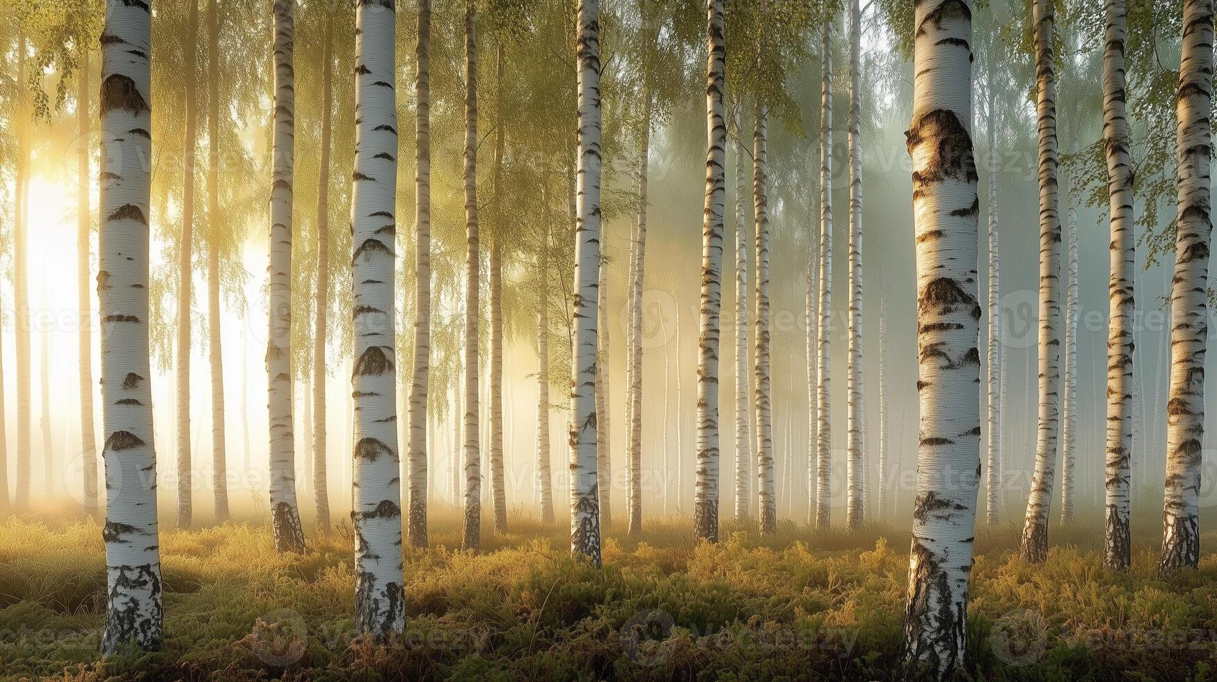 Birch forest in early spring, close-up shot focusing on the repetition of tree trunks as a pattern. 2 photo