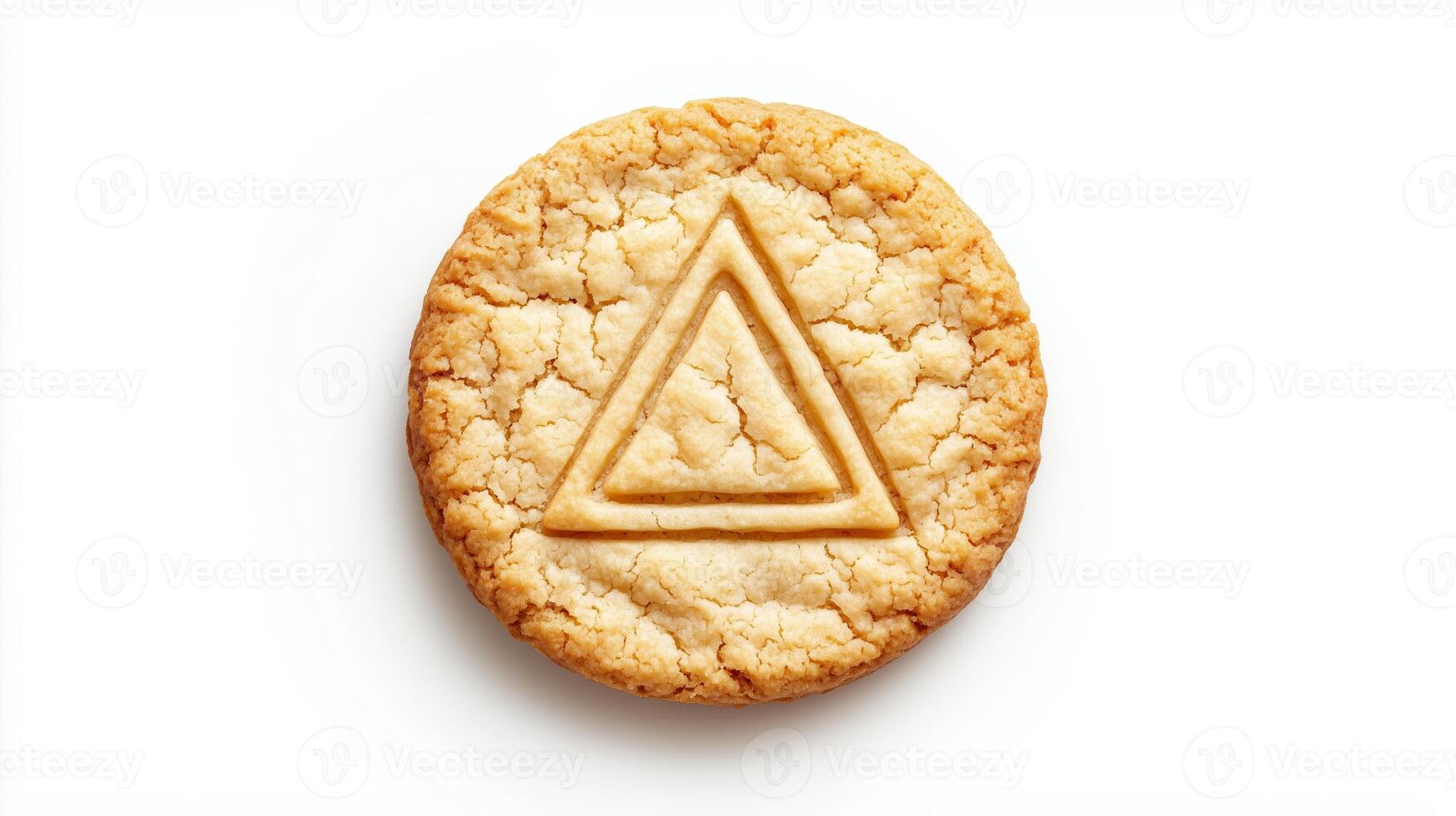 Circular cookie with the triangle simple icon on it, isolated on solid white background. 15 photo