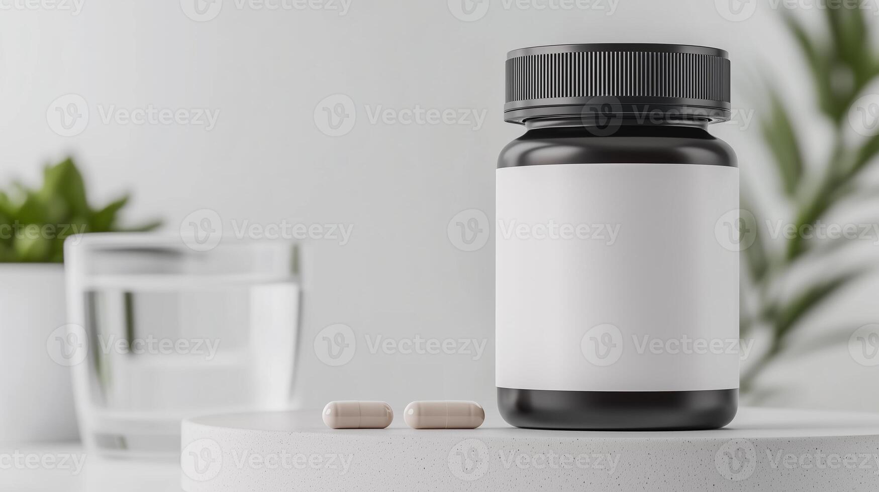 A bottle of matte brown jar with a blank white label on the table next to beige pills. 5 photo