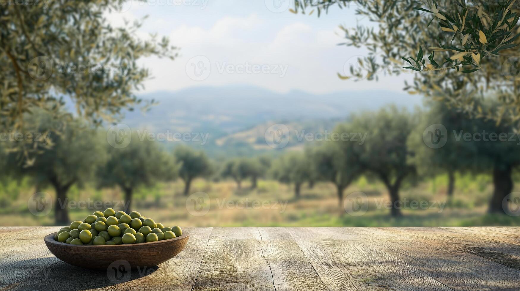 An olive grove on a sunny day, with a table with a bowl of green olives. 1 photo