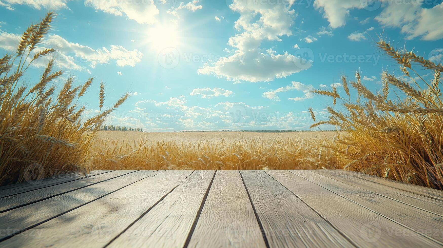 There are two golden wheat ears on the wooden floor, with a wheat field and blue sky. 11 photo