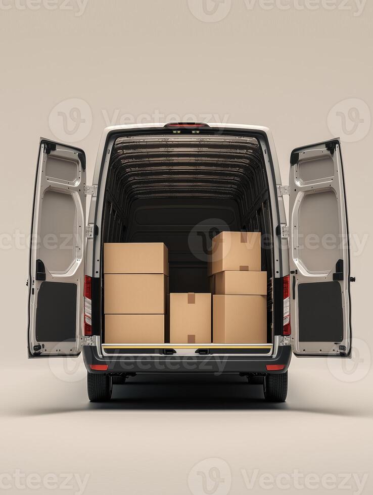 Modern delivery van with open doors, and cardboard boxes inside, isolated on a light background. 6 photo