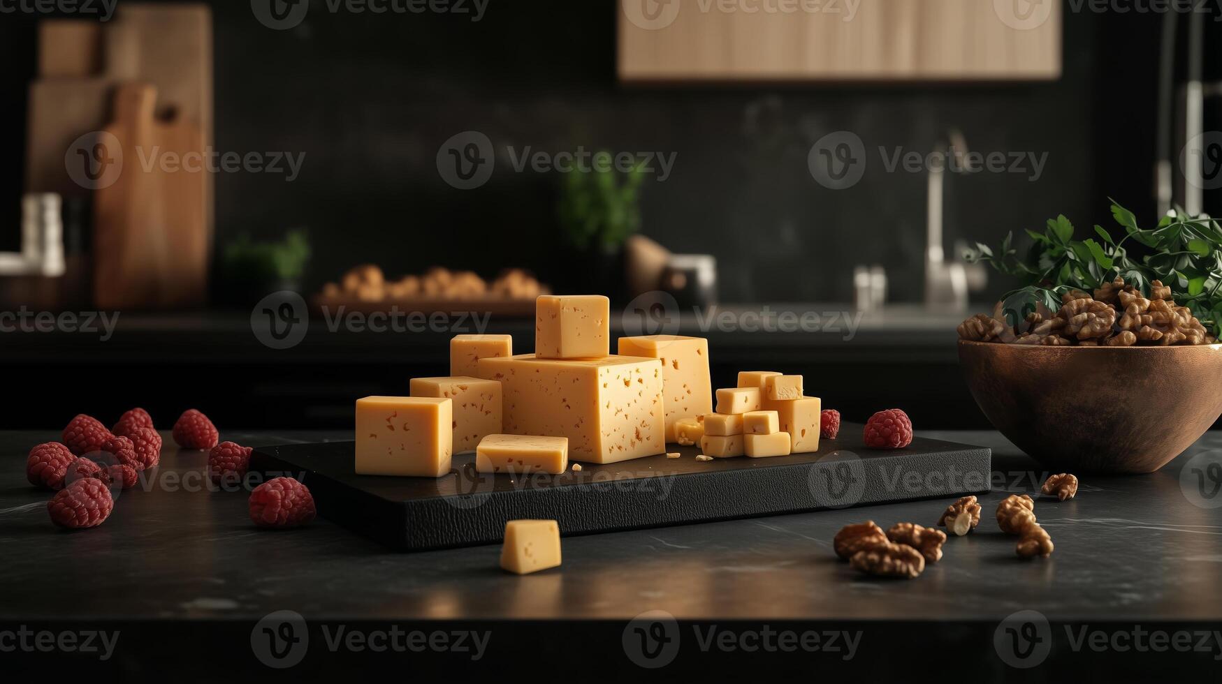A kitchen with a board of different cheeses cut into small squares and triangles. 1 photo