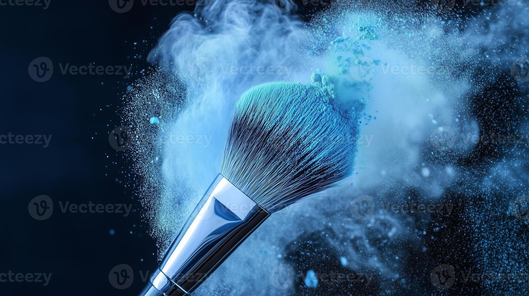 Beauty cosmetic brush with powder explosion on a dark background. 3 photo