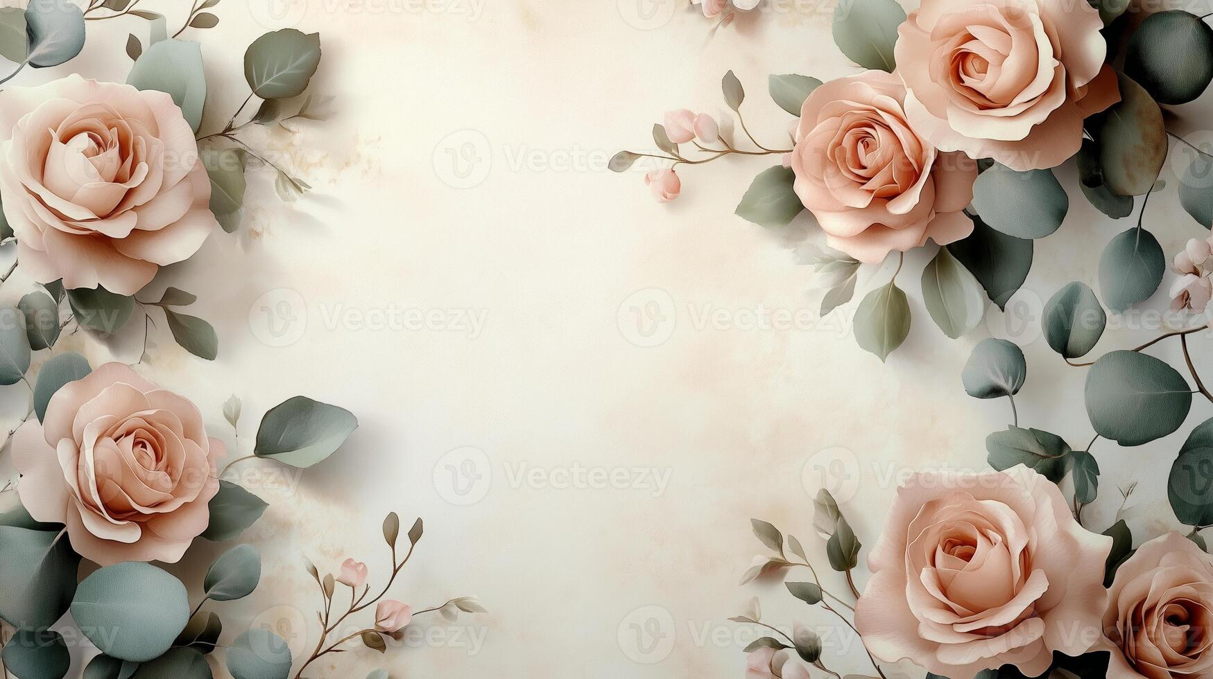 A luxurious wedding invitation design featuring floral borders with pink roses and eucalyptus leaves. 5 photo