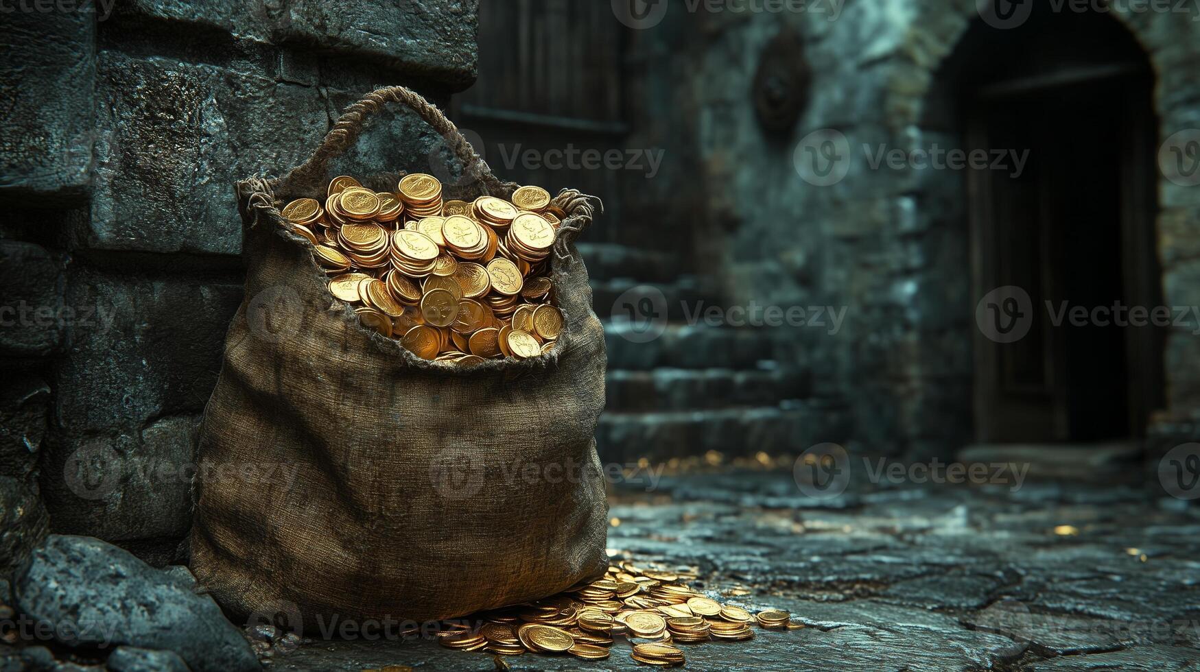 A small brown bag full of gold coins is standing on a cracked stone floor in a dark castle. 2 photo
