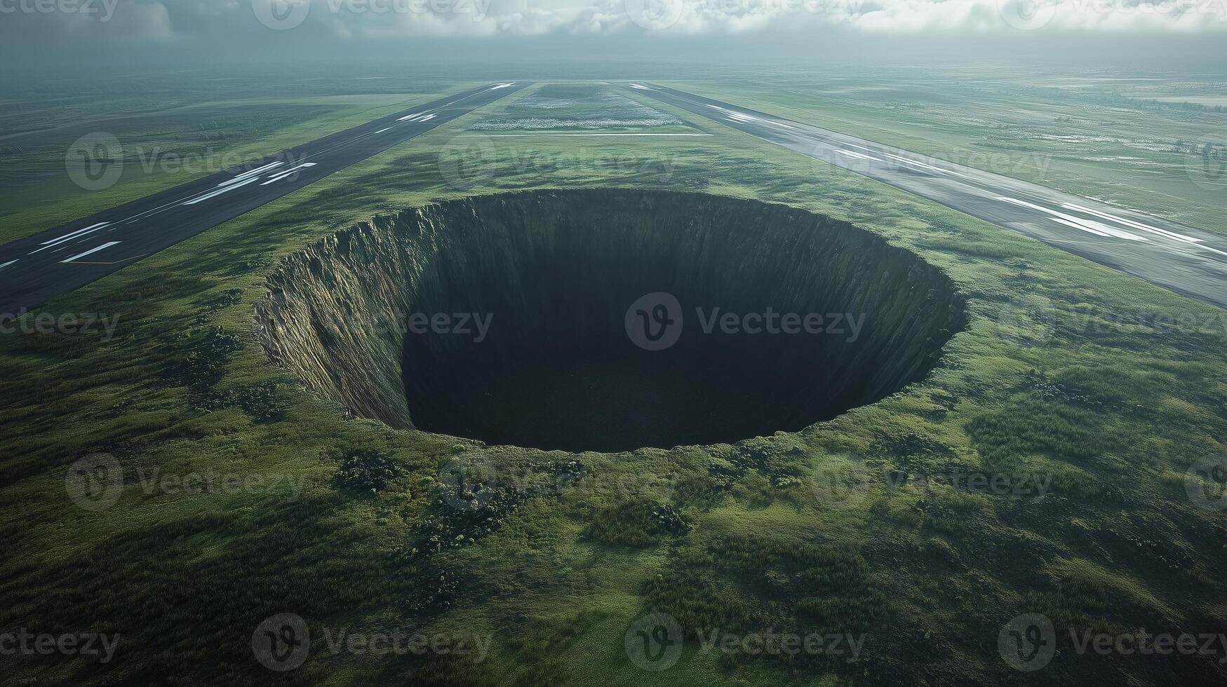 Very large, circular, dark, empty, bottomless sinkhole in the middle of an airfield strip. 12 photo
