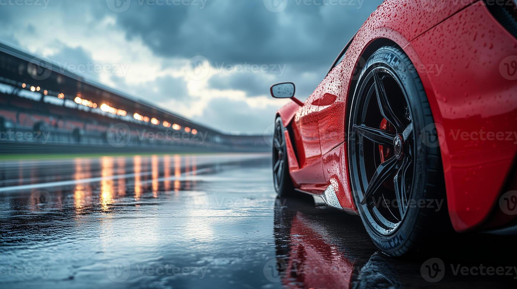 A red car is on the wet asphalt in front of an overcast sky and raindrops falling from above. 6 photo