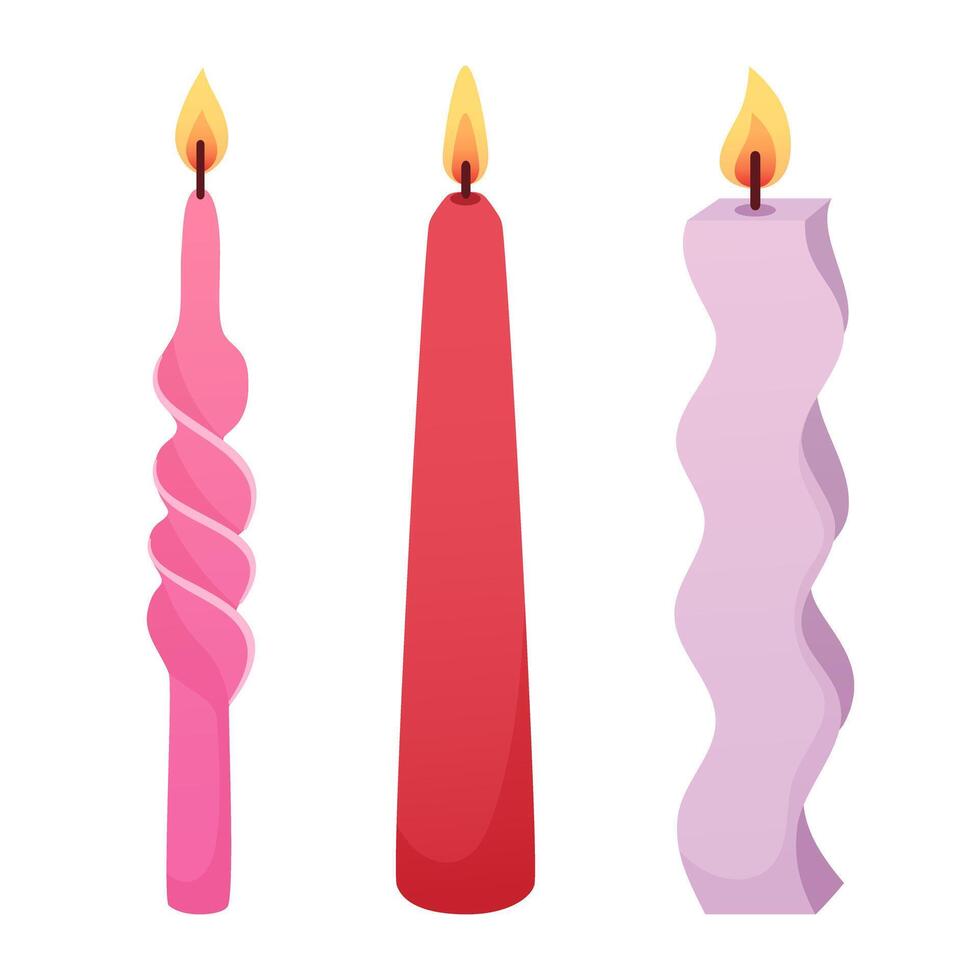 Set of candles of different shapes for Valentines Day, wedding, bachelorette party, home decor. vector