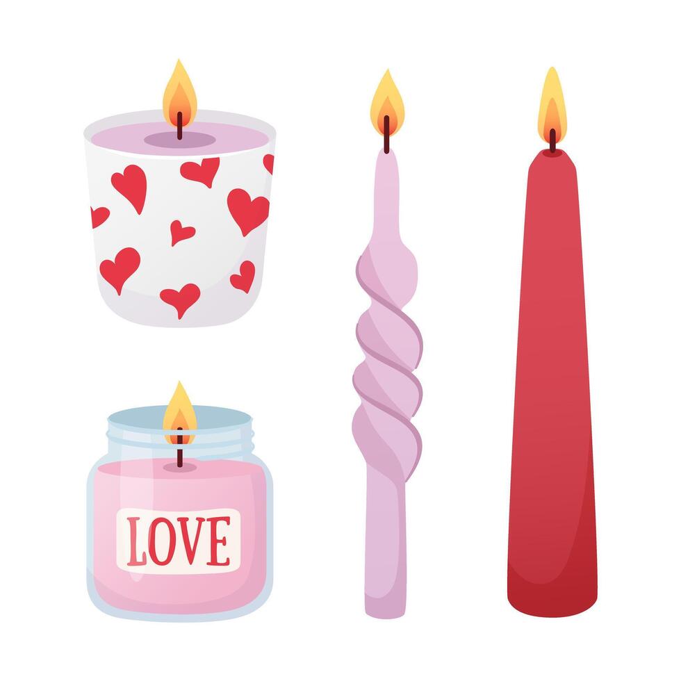 Set of romantic red, pink and love candles of different shapes in cartoon flat style. vector