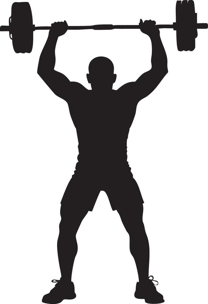 An athletic silhouette of a man effortlessly lifts a heavy barbell overhead, embodying the essence of power and dedication. vector