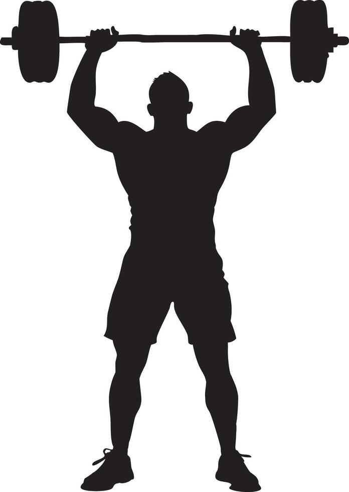 Power and Precision A muscular athlete silhouetted against a backdrop, the image encapsulates the essence of strength and determination as the individual hoists a barbell. vector