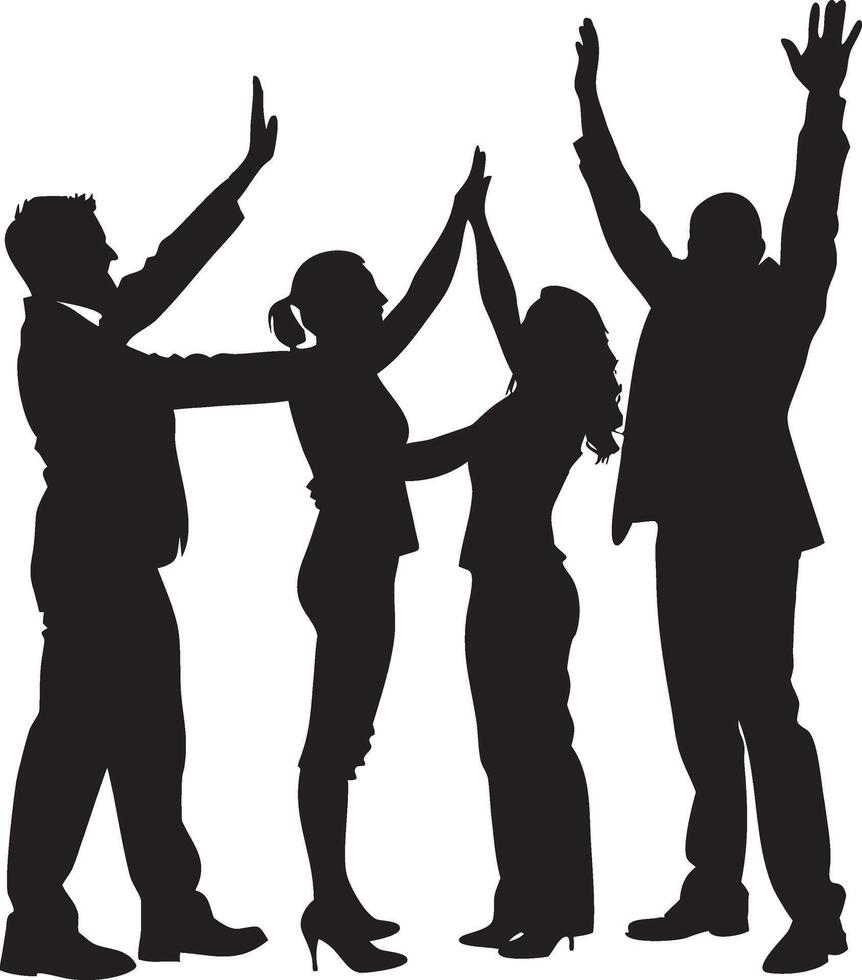 Success Silhouette A united team of business professionals celebrates their achievements with raised arms, conveying teamwork and success through their silhouettes. vector