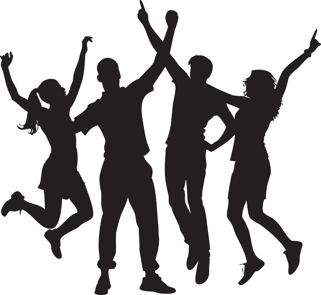 Dancing Silhouette A dynamic group of people immersed in the joy of movement, their forms outlined against the scene, embracing the rhythm of music. vector